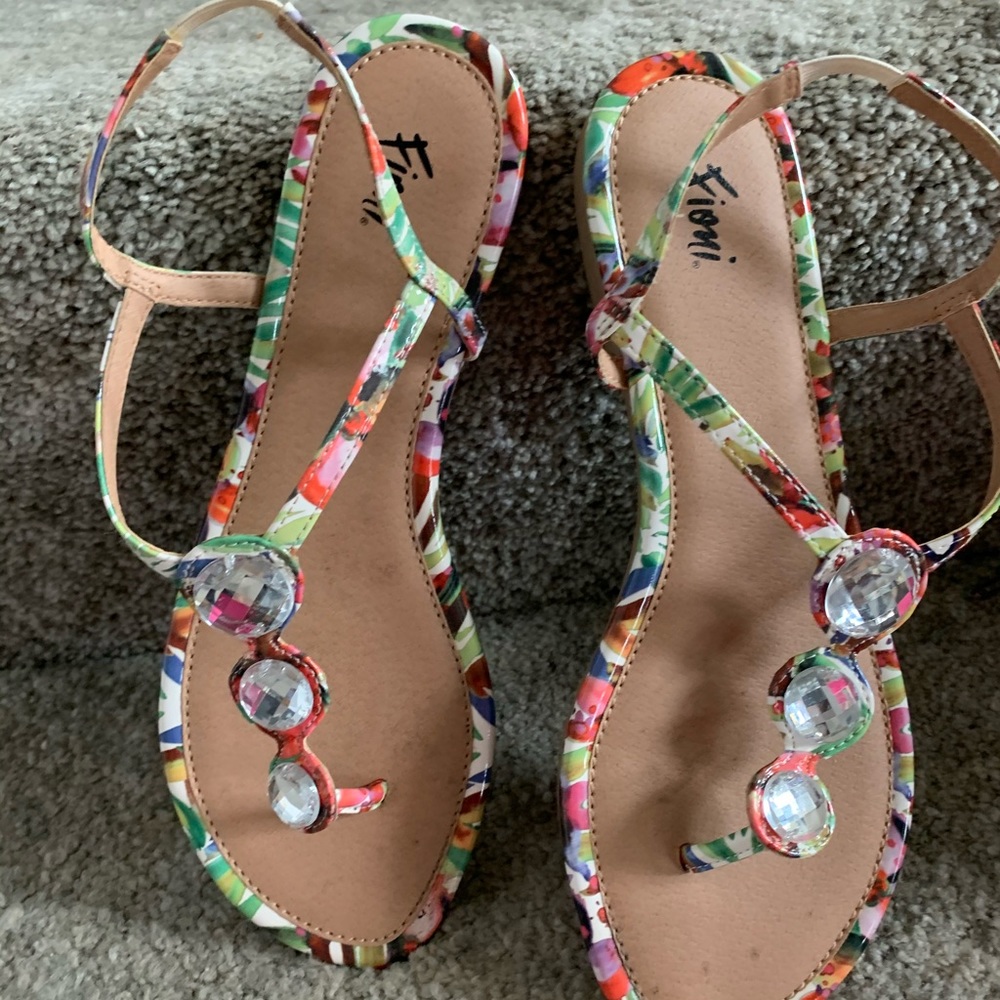 Fioni multicolored floral rhinestone sandals.